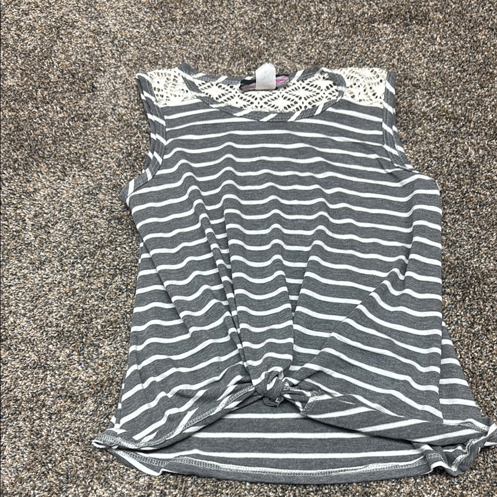 Gray Striped Sleeveless Top with Lace Detail